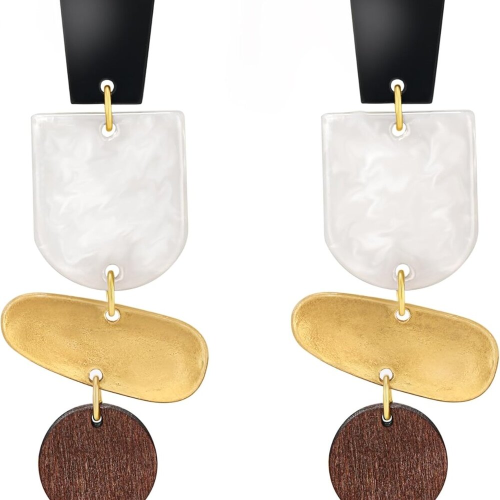 Wood Acrylic Gold Statement Earrings For Women By , Trendy Dangle Drop Boho Wood